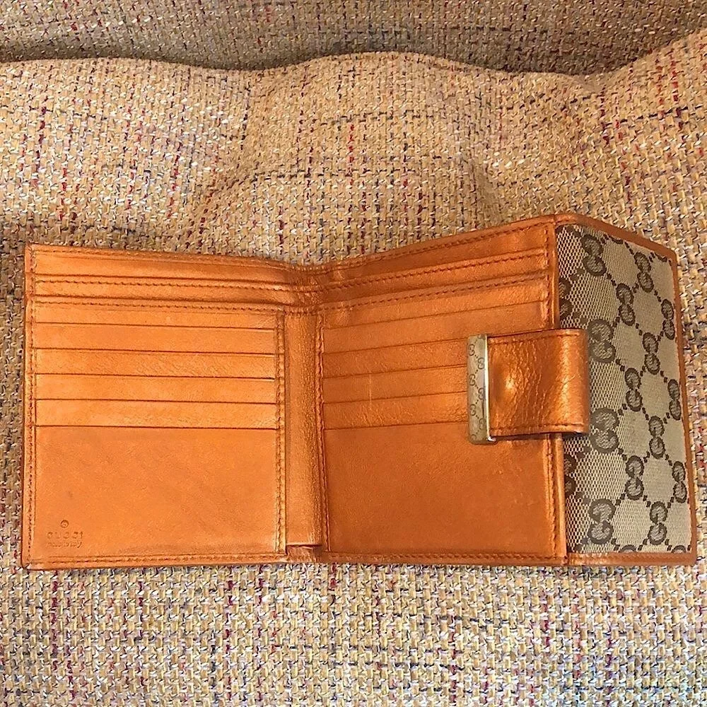 GUCCI GG Monogram Orange Leather Tan Canvas Trifold Wallet Vintage AUTHENTIC